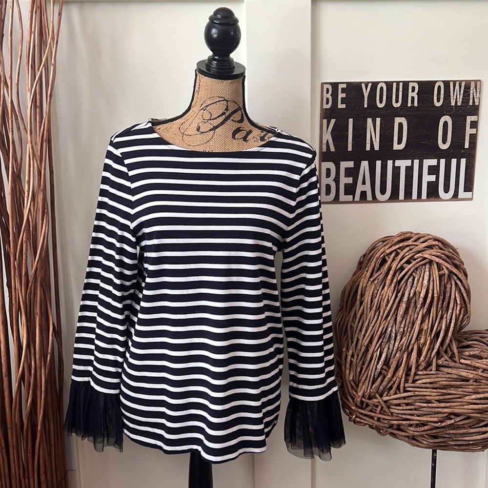 Beachlunchlounge Navy And White Striped Long Sleeve Top W/tulle Ruffled Cuff